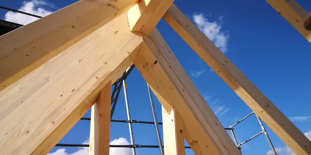 Neu errichteter Dachstuhl aus Konstruktionsholz gegen blauen Himmel
