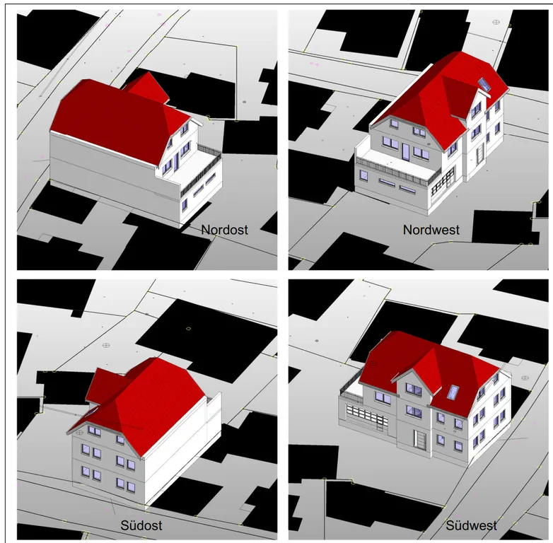 Vier isometrische Ansichten eines geplanten Wohnhauses im Lageplan