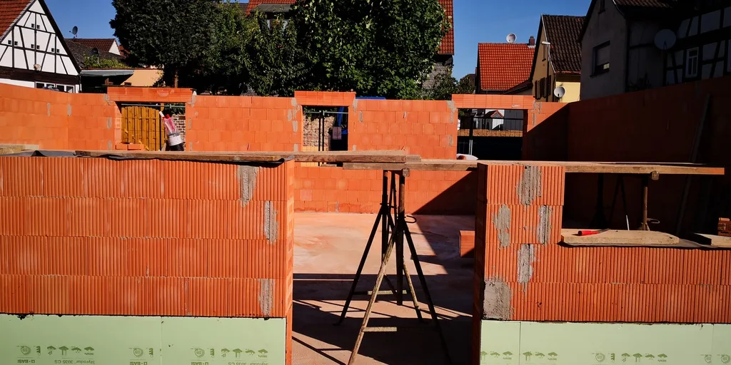 Aufgehendes Ziegelmauerwerk eines Neubaus zwischen Fachwerkhäusern